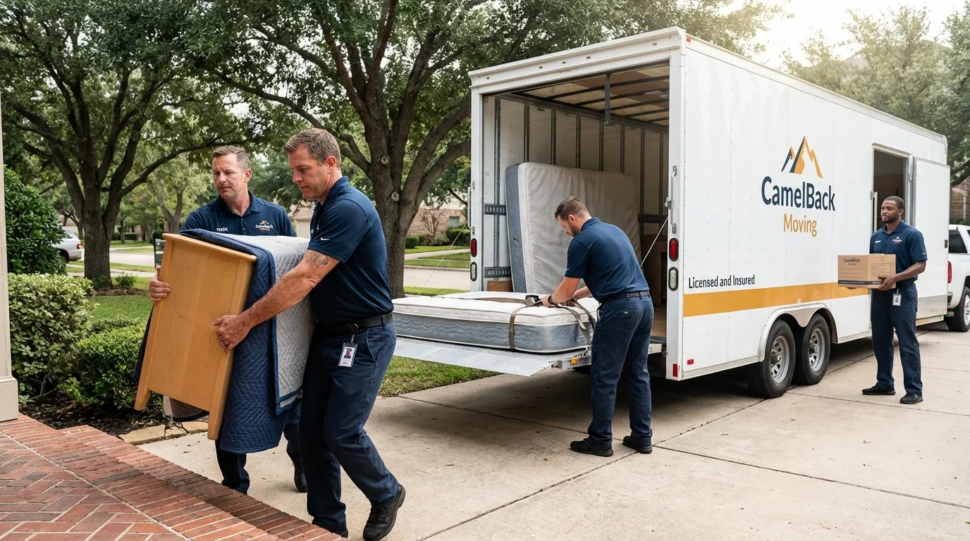Crew loading residential truck for cross-state move from West Burlington, IA