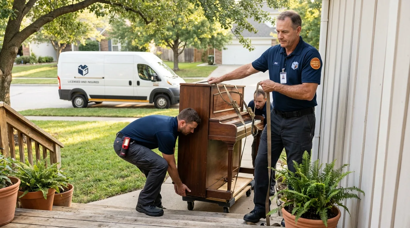 Licensed piano movers securing grand piano in West Burlington, IA