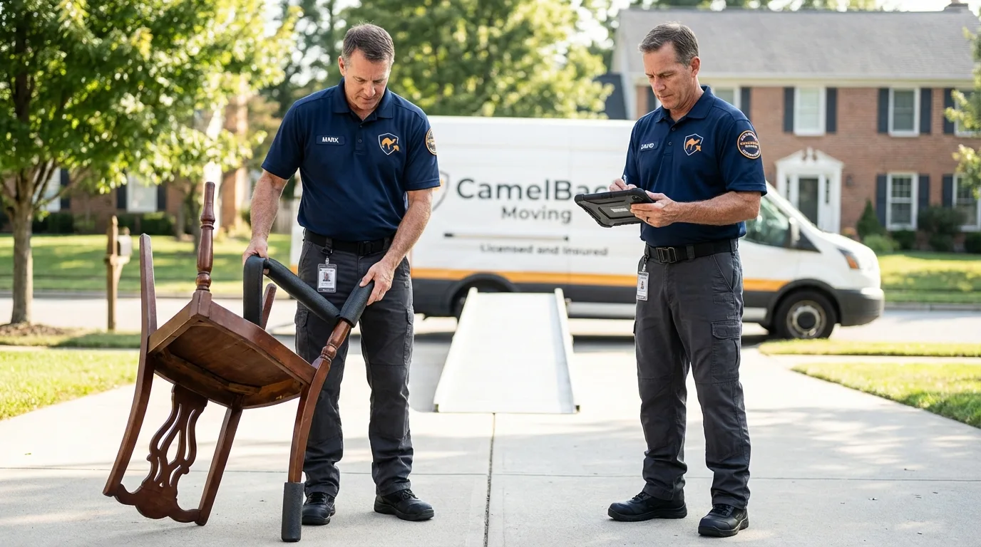Movers inspecting furniture for damage prevention before loading in West Burlington, IA