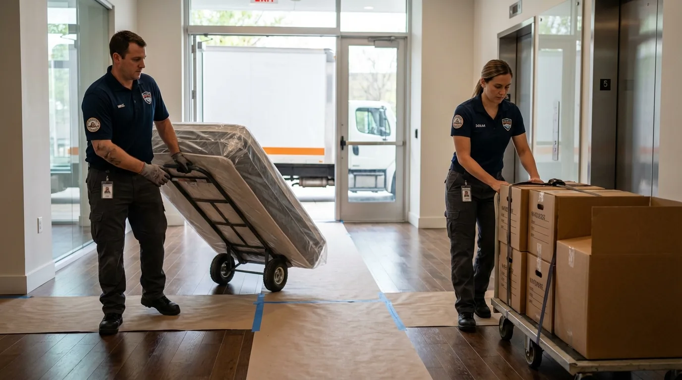 Professional apartment movers loading elevator in West Burlington, IA