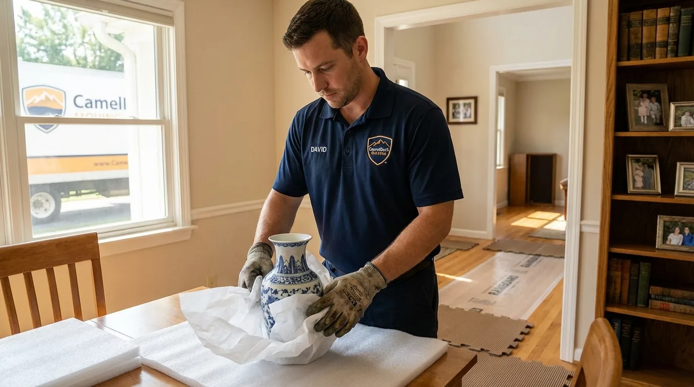 Professional crew carefully wrapping antique vase for senior downsizing move in West Burlington, IA